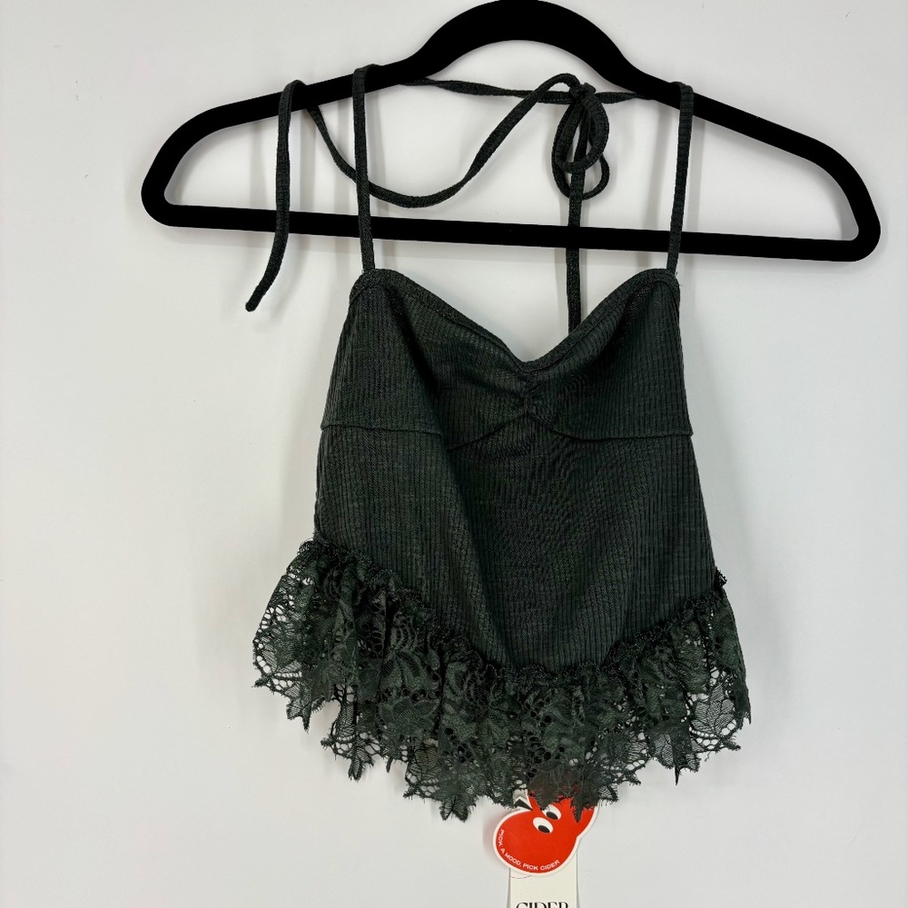 Cider Womens XS Cropped Halter Top Deep Olive Green Ribbed Knit with Lace Trim